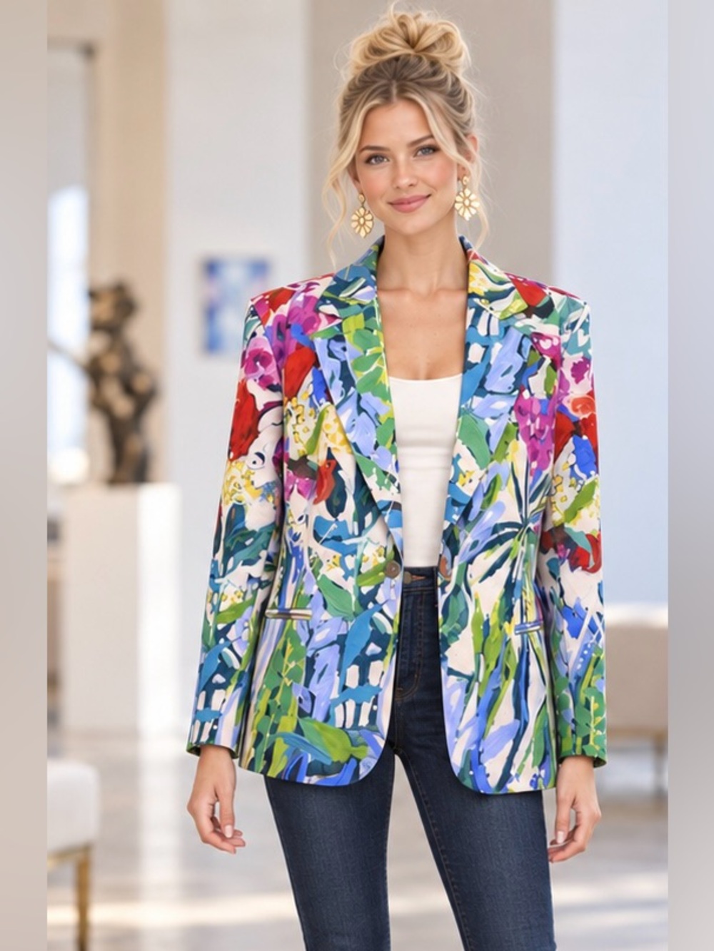 Claire Desjardins XL Colorful Abstract Floral Stretch Lined Blazer Jacket